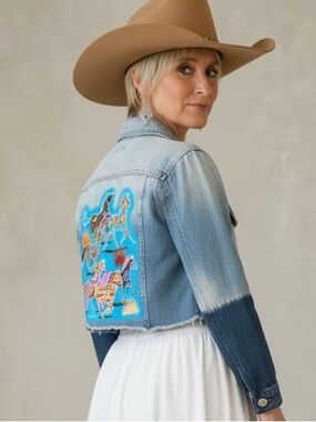 Southwest Aztec Western Horse Upcycled Denim Ombré Jacket